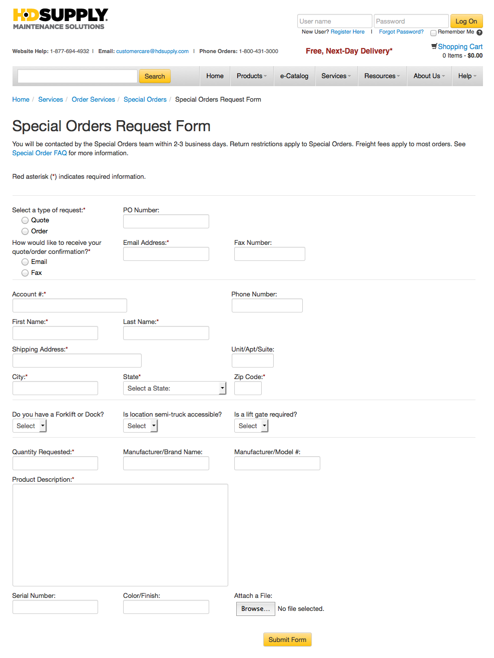 Special Order Forms online